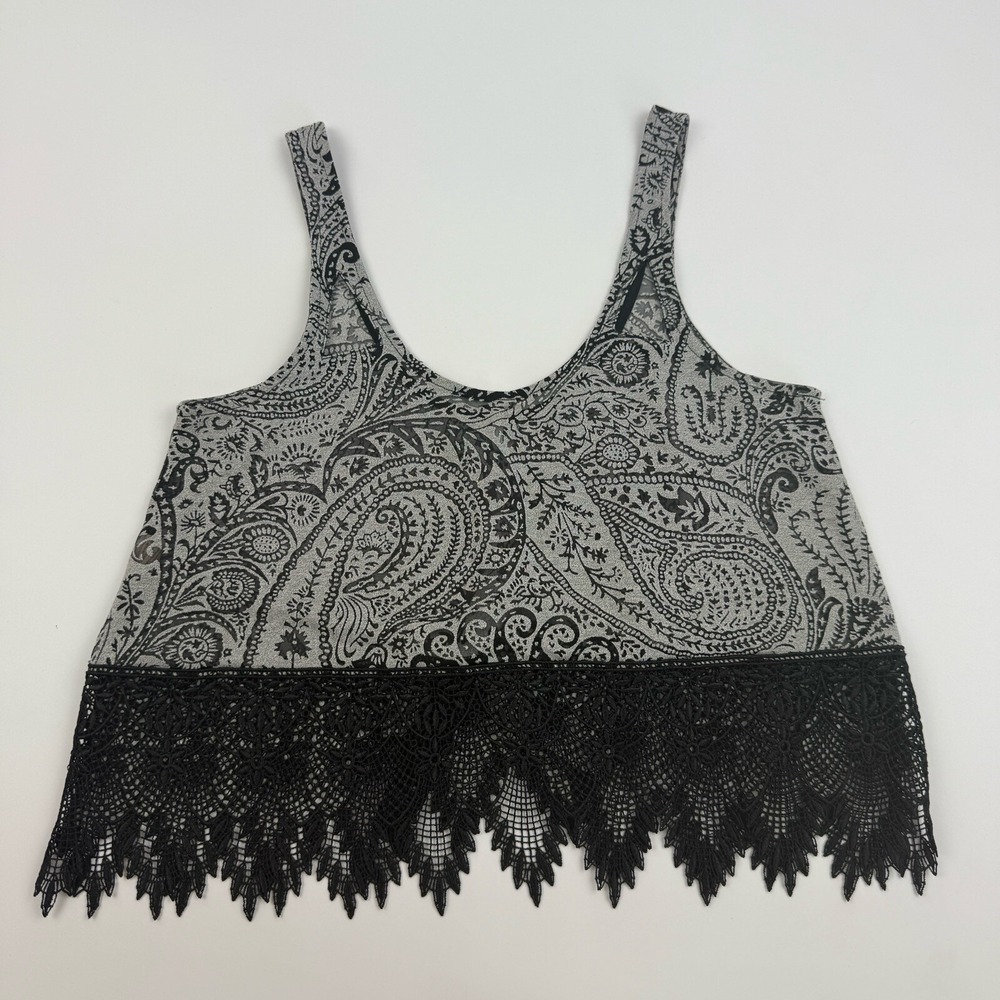 Free People Gray/Black Paisley Crochet Lace Crop Top Sheer Scoop Neck XS - Picture 8 of 8